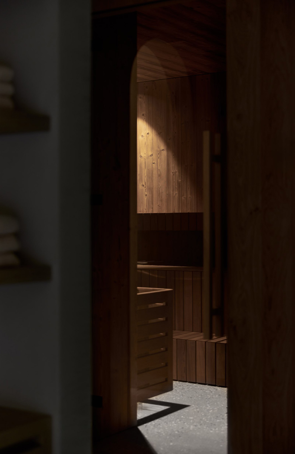 Wooden sauna photographed in a warm atmospheric atmosphere